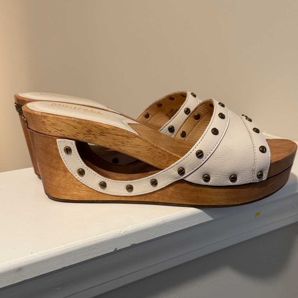 MICHAEL Michael Kors White and Tan Studded Mules
